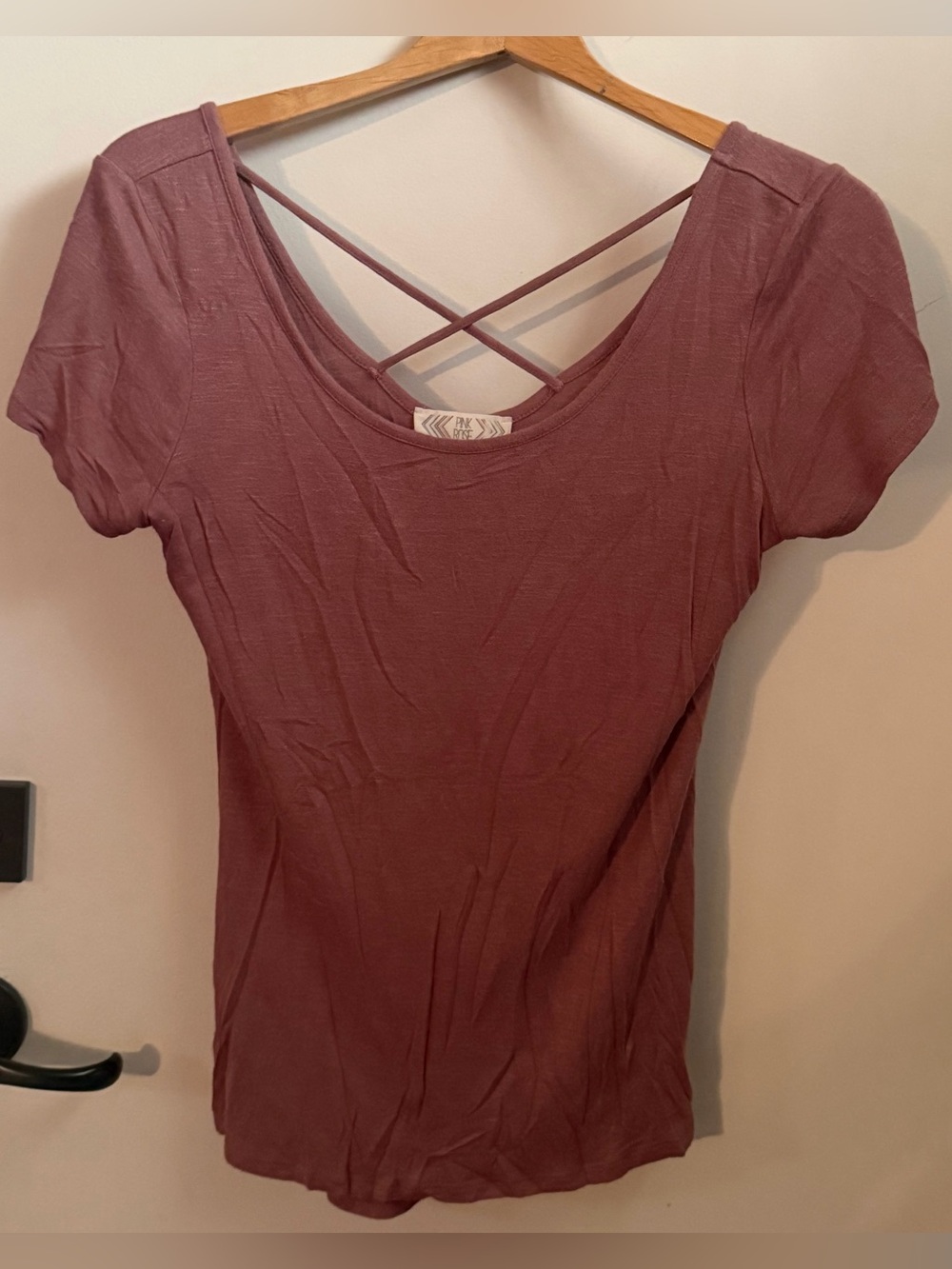 Pink Rose Scoop Neck Short Sleeve Crisscross Back Tee - Mauve